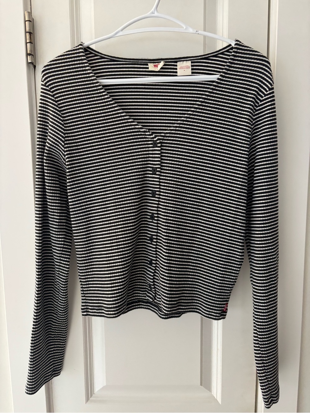 Levi's Black & White Striped V-Neck Button-Front Top Medium